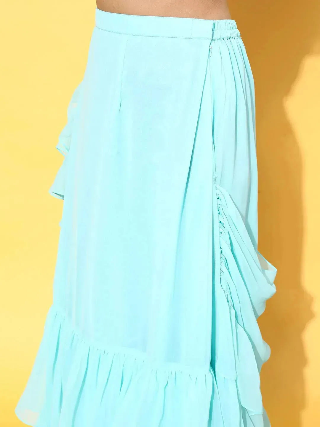 Turquoise Blue Embellished Georgette Ready to wear Saree With Potli