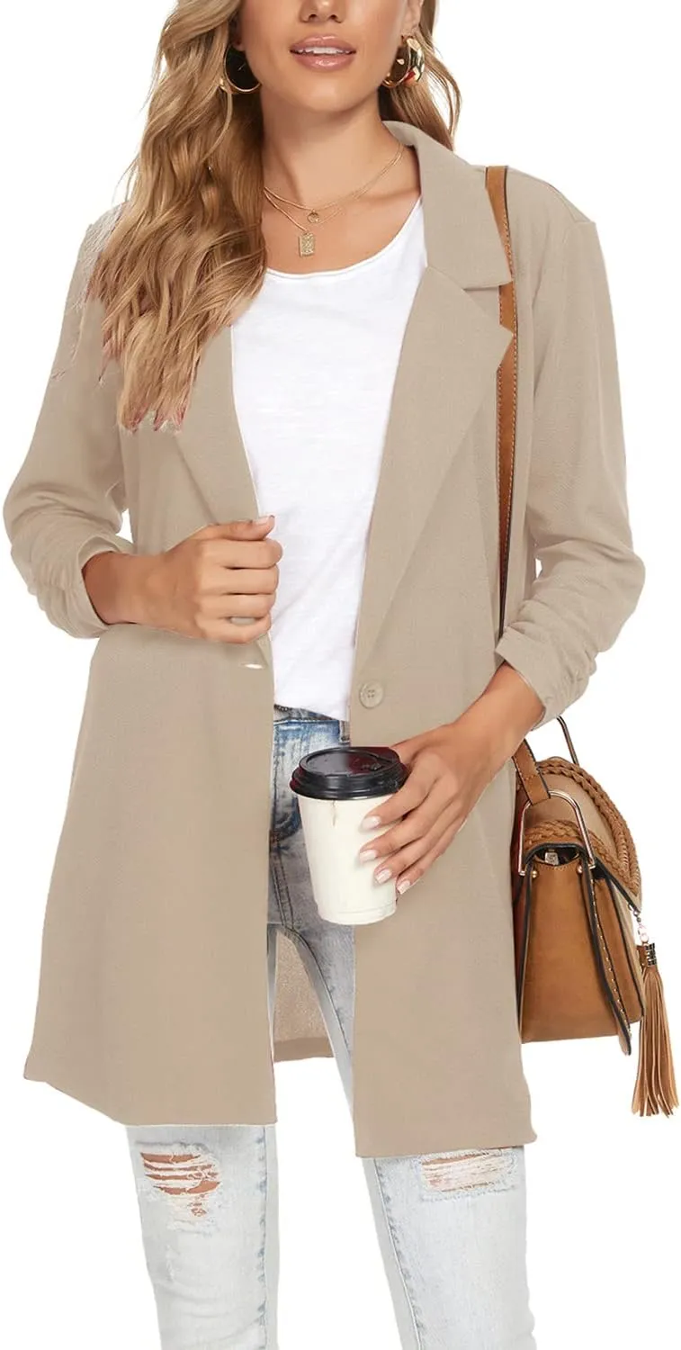 Unifizz Women Long Blazers for Business Casual 3/4 Sleeve Button Front Notch Lapel Lightweight Work Office Blazer Jackets