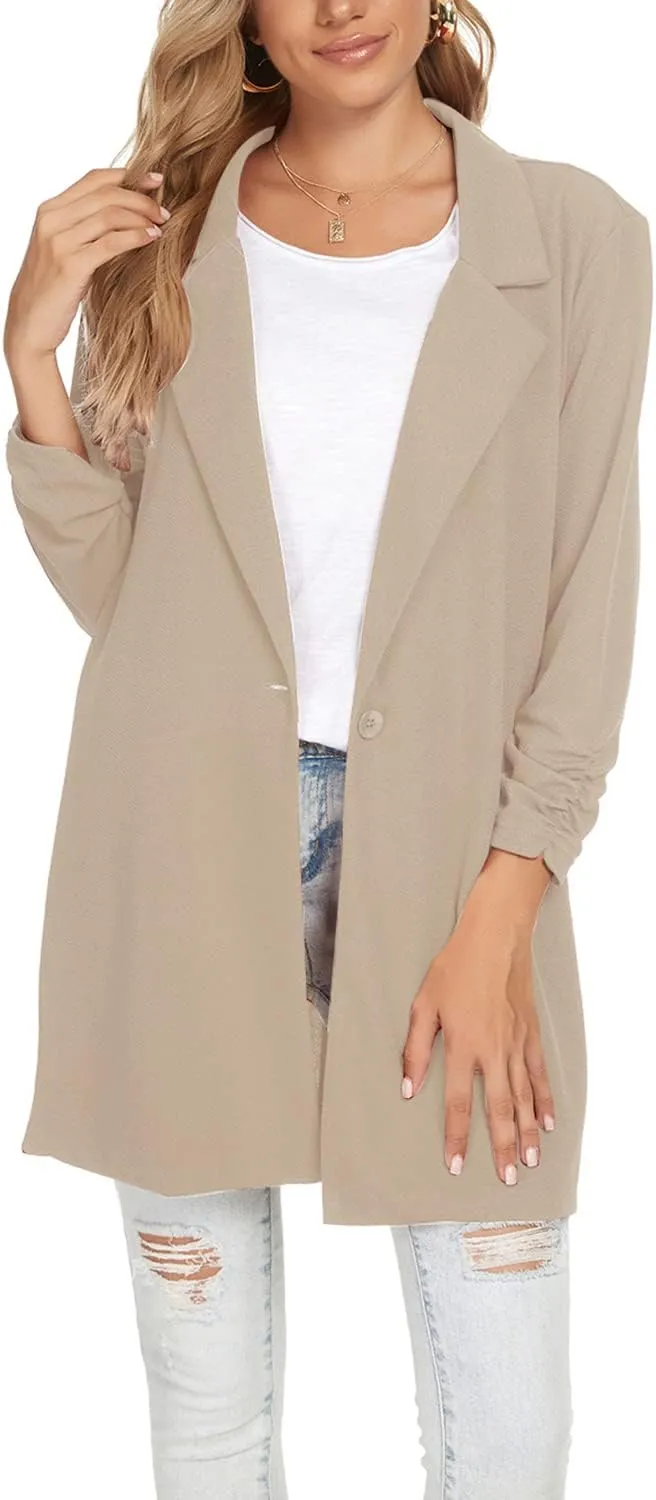 Unifizz Women Long Blazers for Business Casual 3/4 Sleeve Button Front Notch Lapel Lightweight Work Office Blazer Jackets