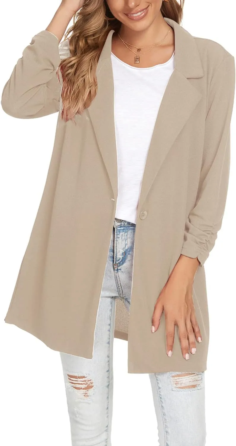 Unifizz Women Long Blazers for Business Casual 3/4 Sleeve Button Front Notch Lapel Lightweight Work Office Blazer Jackets