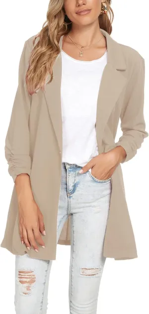 Unifizz Women Long Blazers for Business Casual 3/4 Sleeve Button Front Notch Lapel Lightweight Work Office Blazer Jackets