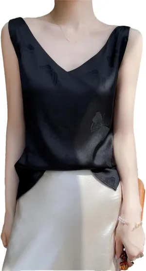 V-Neck Silk Camisole Summer Ladies Sleeveless Thin Vest Jacquard Satin Tops Silk Loose Sling Bottoming Shirt