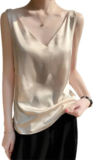 V-Neck Silk Camisole Summer Ladies Sleeveless Thin Vest Jacquard Satin Tops Silk Loose Sling Bottoming Shirt