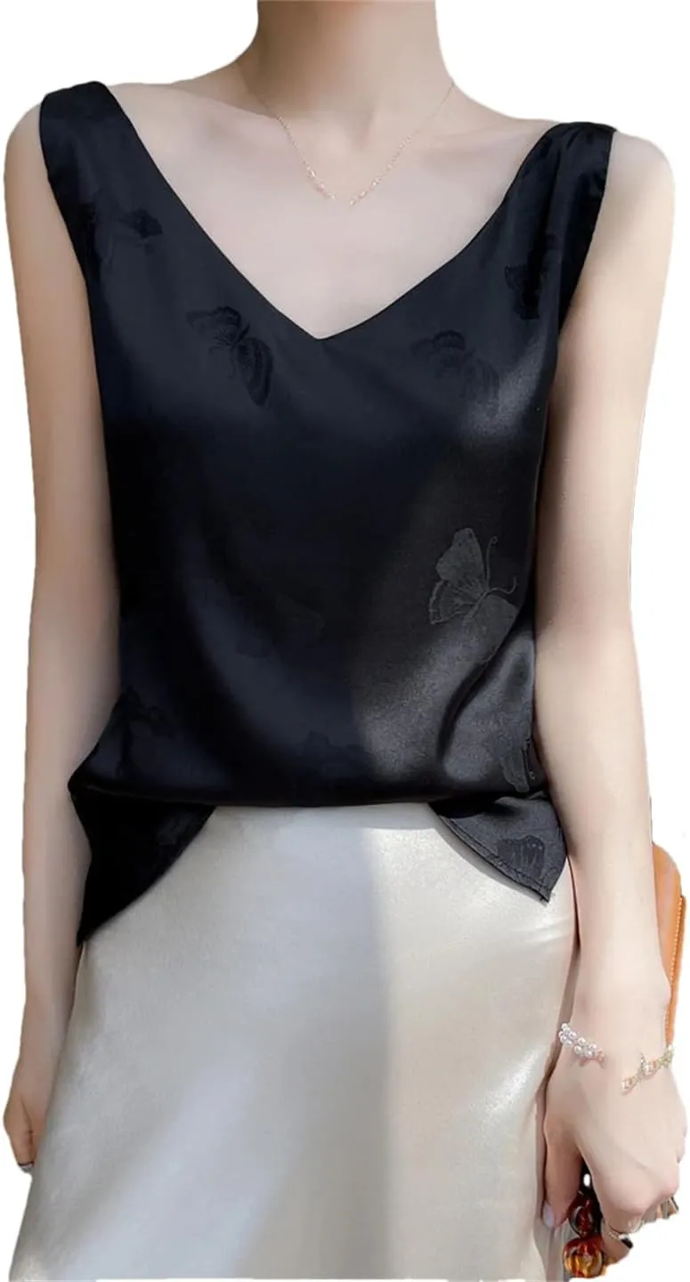 V-Neck Silk Camisole Summer Ladies Sleeveless Thin Vest Jacquard Satin Tops Silk Loose Sling Bottoming Shirt