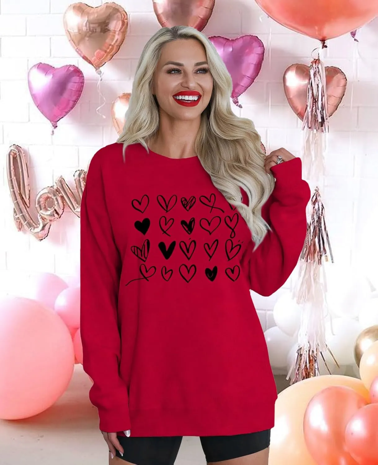 Valentines Sweatshirt Women Cute Love Heart Graphic Long Sleeve Shirts Casual Crewneck Pullover Tops