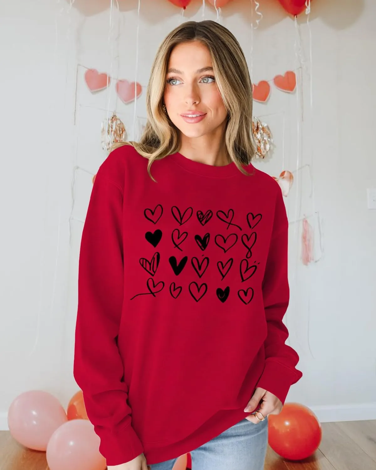 Valentines Sweatshirt Women Cute Love Heart Graphic Long Sleeve Shirts Casual Crewneck Pullover Tops