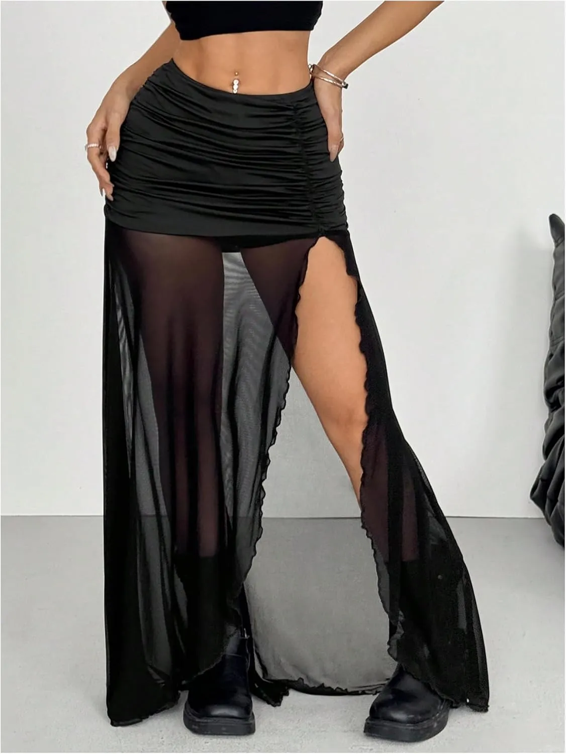 Verdusa Women's Mesh Sheer Thigh Split Ruched Maxi Skirt Low Rise Long Skirts