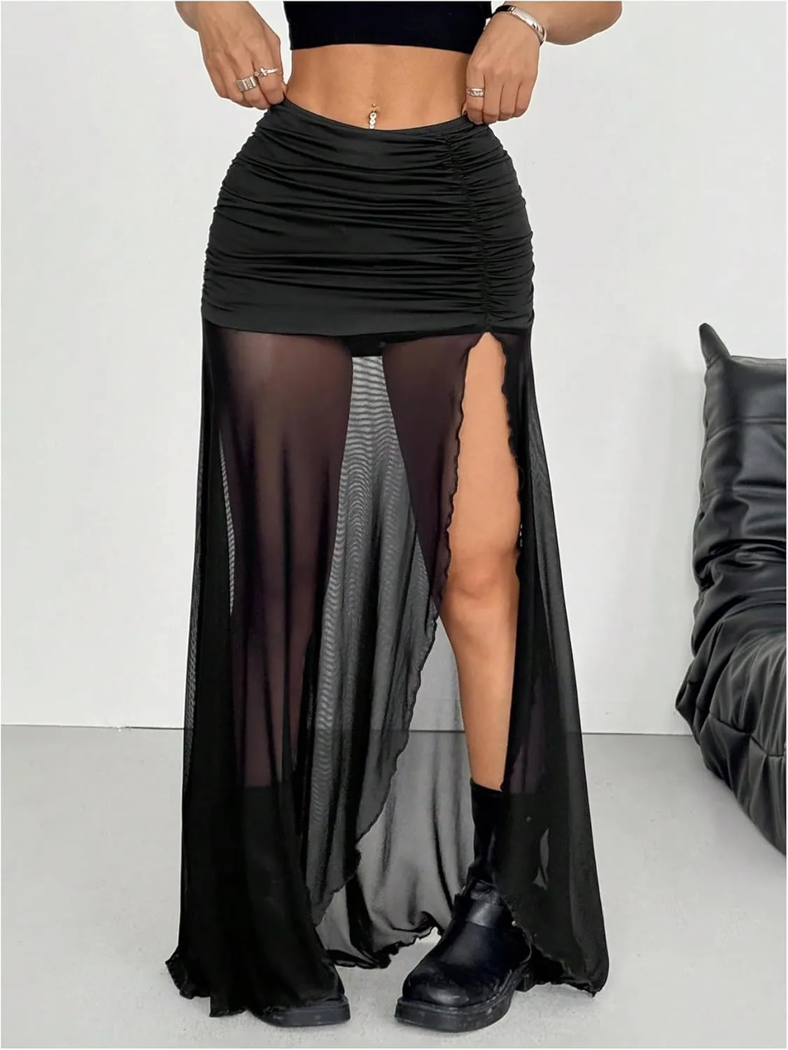 Verdusa Women's Mesh Sheer Thigh Split Ruched Maxi Skirt Low Rise Long Skirts