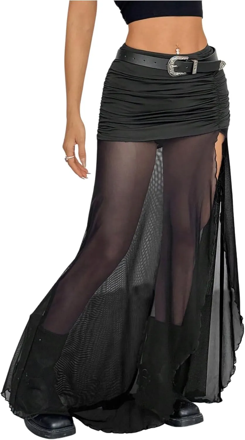 Verdusa Women's Mesh Sheer Thigh Split Ruched Maxi Skirt Low Rise Long Skirts