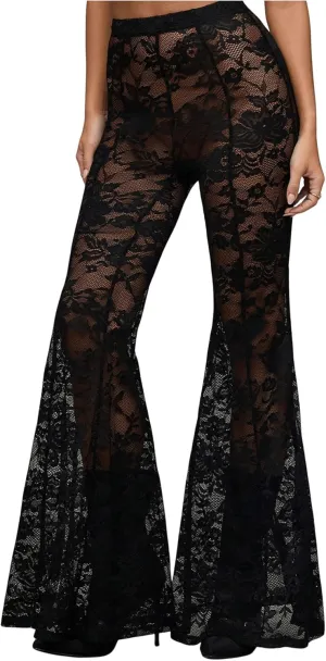 Verdusa Women's Sheer Lace High Waist Flared Leg Pants Bell Bottom Lightweight Summer Outfit