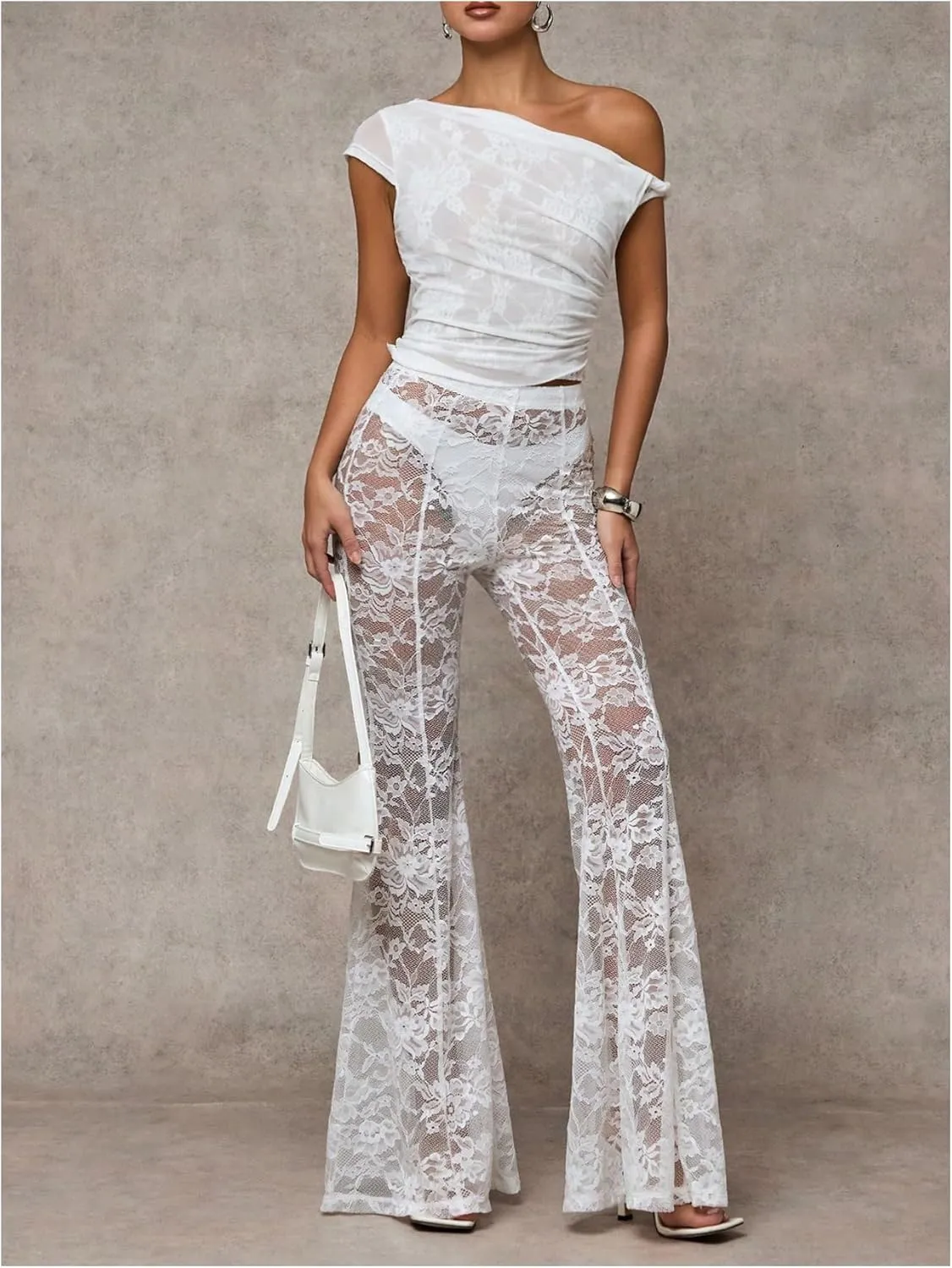 Verdusa Women's Sheer Lace High Waist Flared Leg Pants Bell Bottom Lightweight Summer Outfit