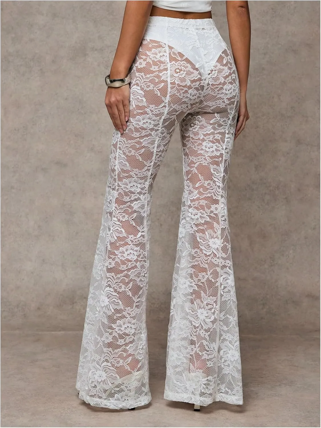 Verdusa Women's Sheer Lace High Waist Flared Leg Pants Bell Bottom Lightweight Summer Outfit