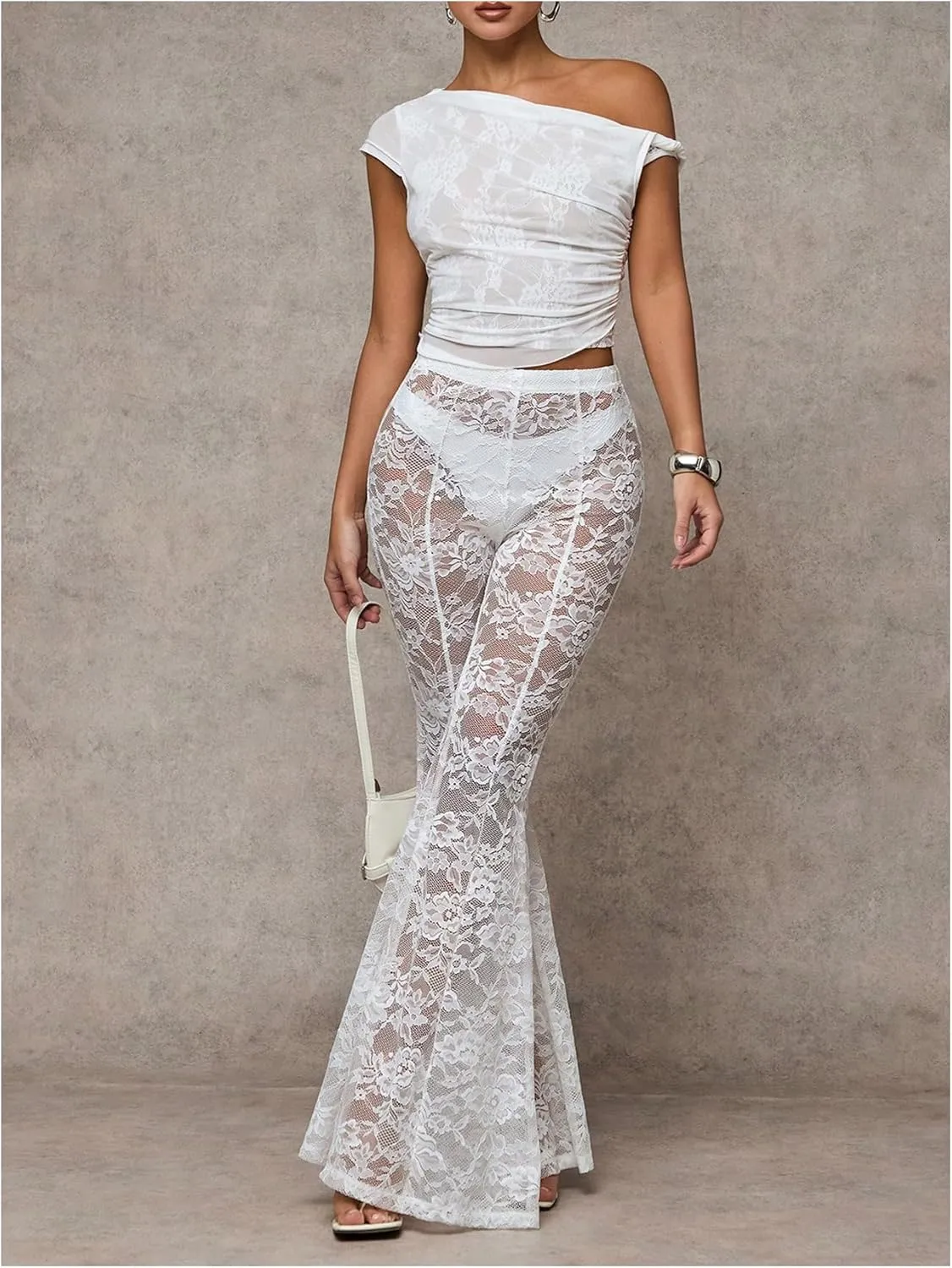 Verdusa Women's Sheer Lace High Waist Flared Leg Pants Bell Bottom Lightweight Summer Outfit