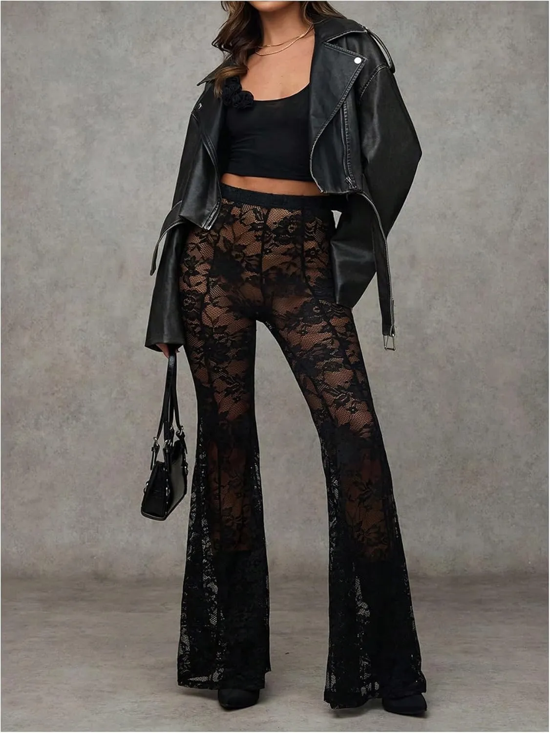 Verdusa Women's Sheer Lace High Waist Flared Leg Pants Bell Bottom Lightweight Summer Outfit