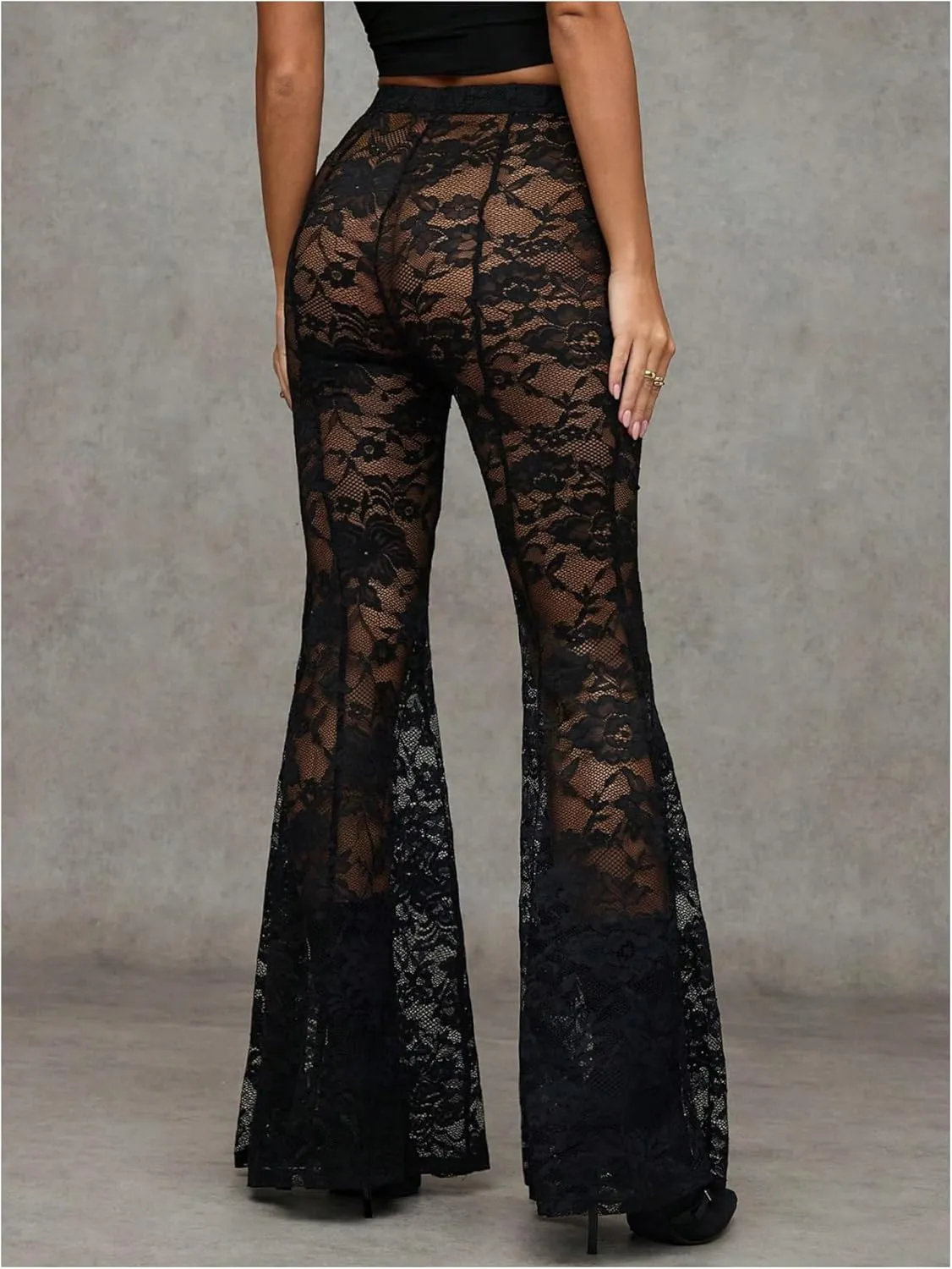 Verdusa Women's Sheer Lace High Waist Flared Leg Pants Bell Bottom Lightweight Summer Outfit