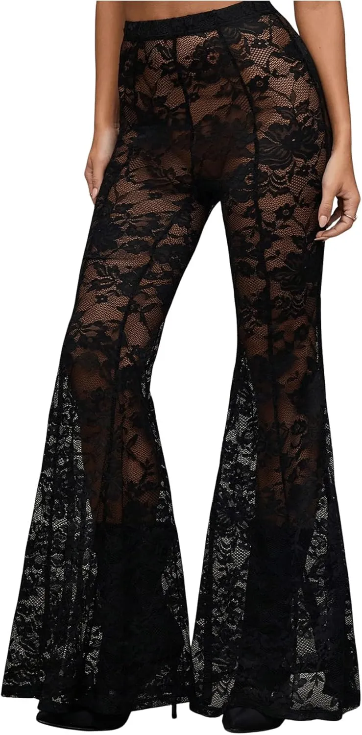 Verdusa Women's Sheer Lace High Waist Flared Leg Pants Bell Bottom Lightweight Summer Outfit
