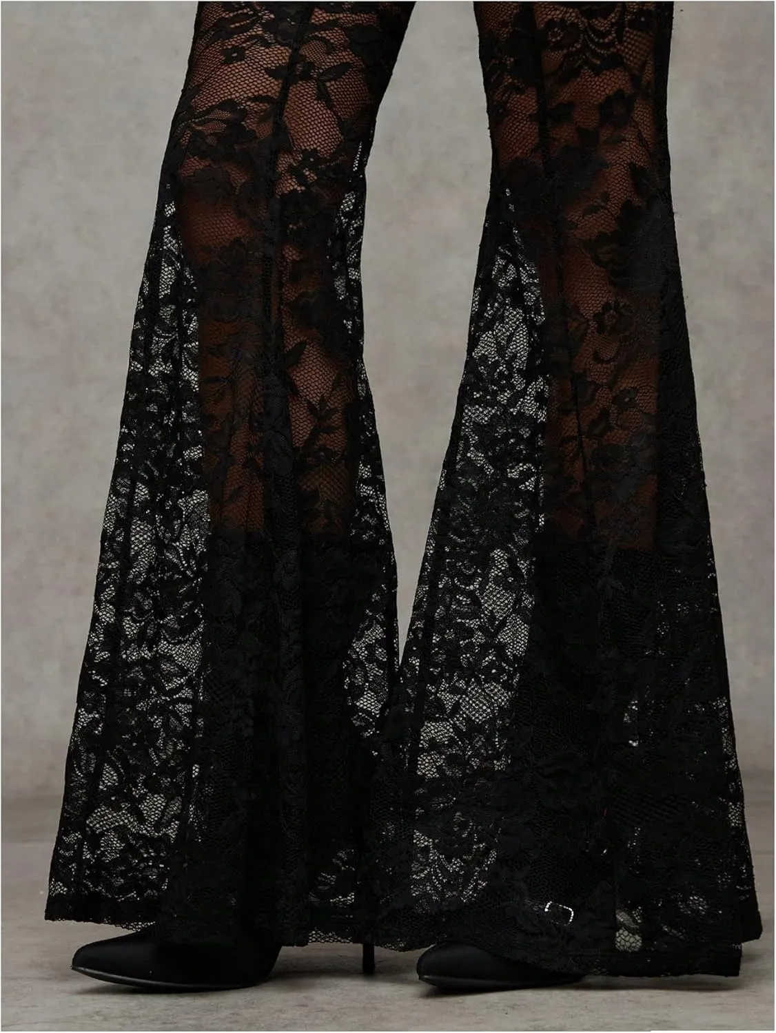 Verdusa Women's Sheer Lace High Waist Flared Leg Pants Bell Bottom Lightweight Summer Outfit