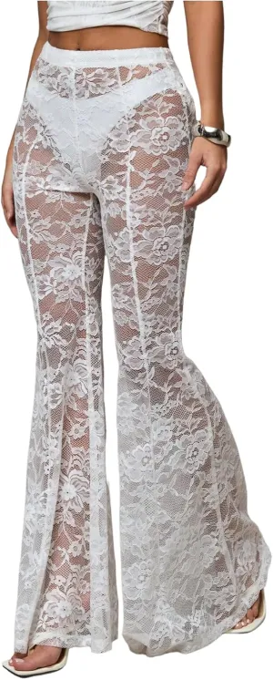 Verdusa Women's Sheer Lace High Waist Flared Leg Pants Bell Bottom Lightweight Summer Outfit