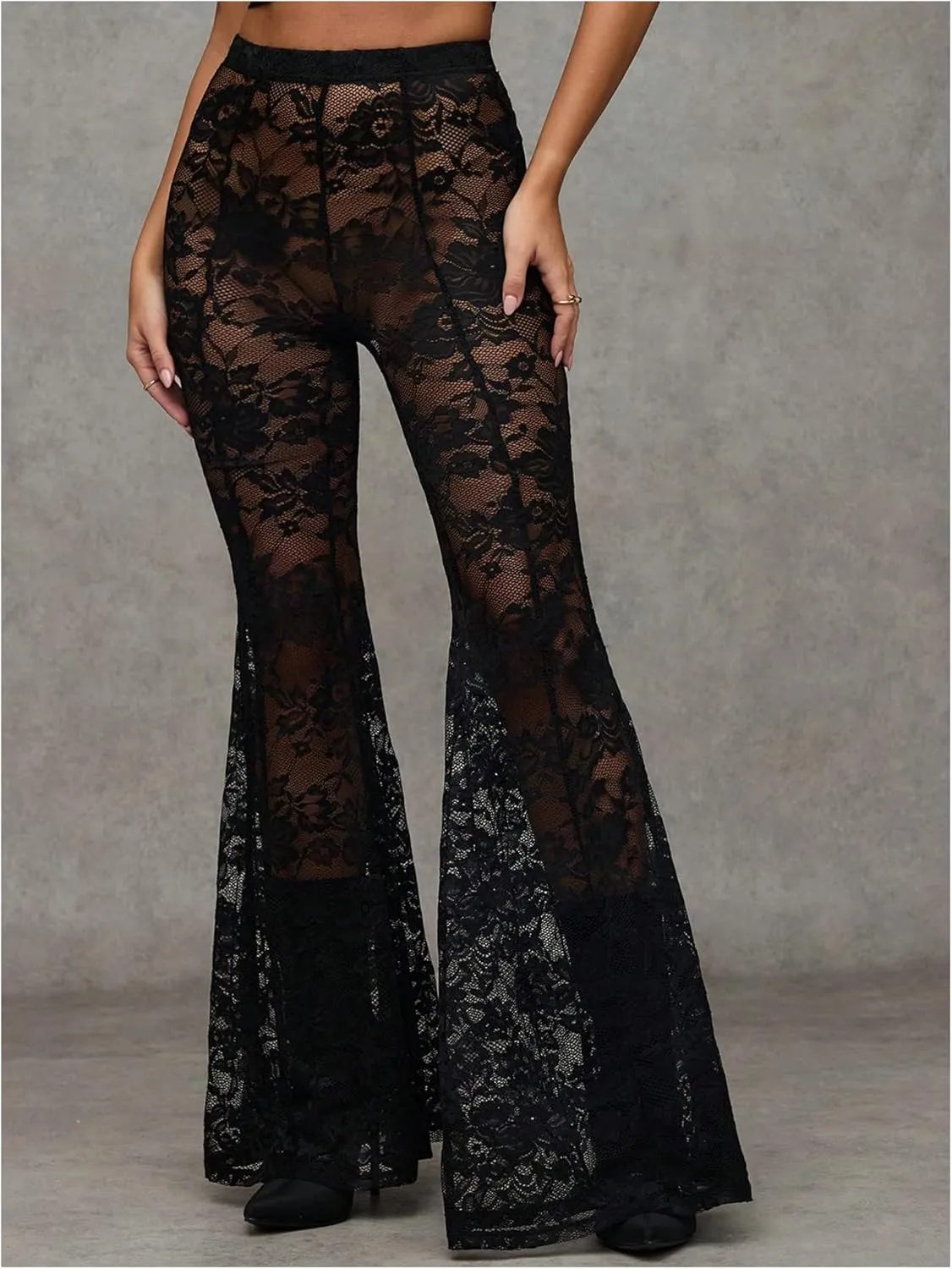 Verdusa Women's Sheer Lace High Waist Flared Leg Pants Bell Bottom Lightweight Summer Outfit