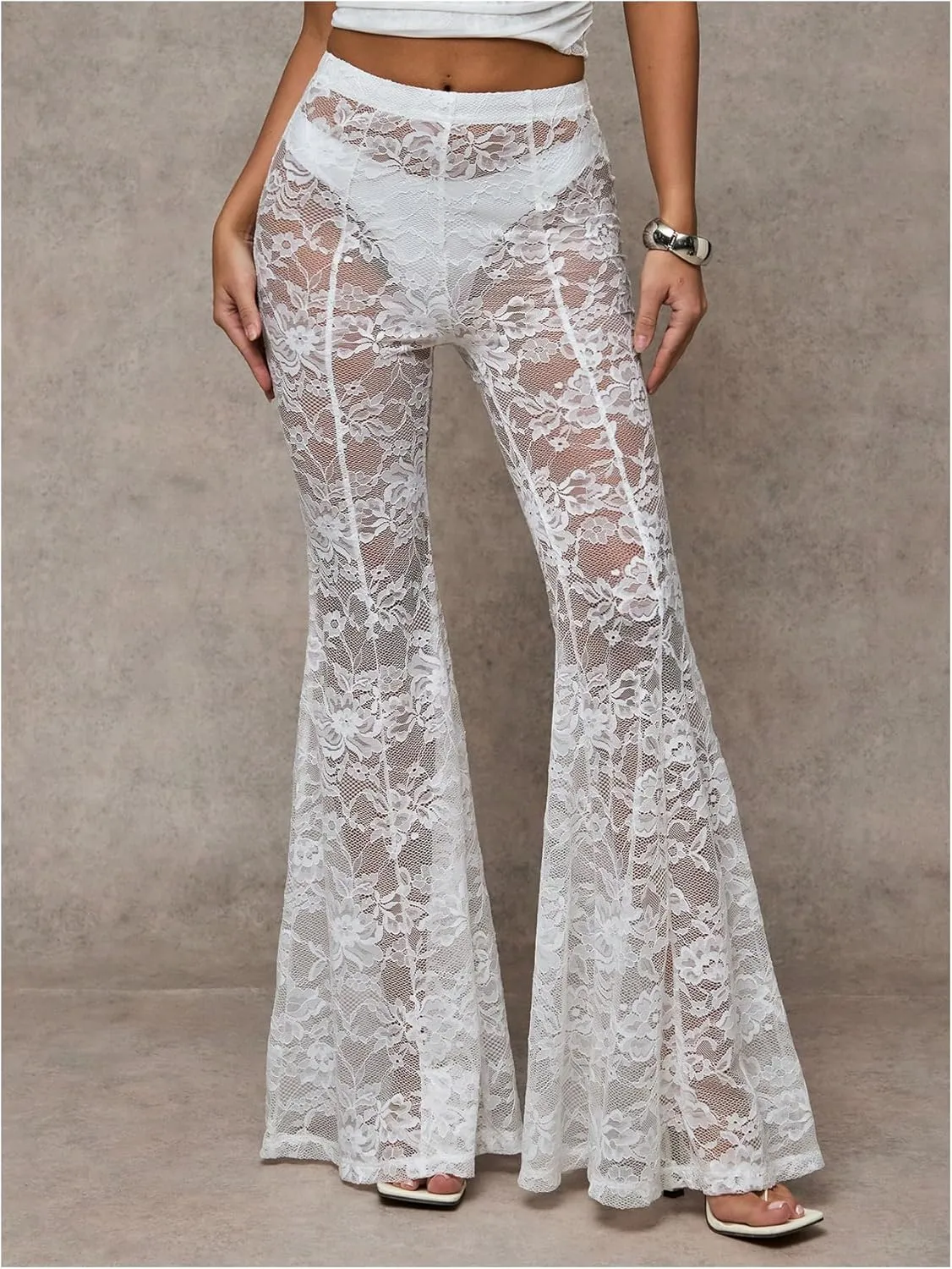 Verdusa Women's Sheer Lace High Waist Flared Leg Pants Bell Bottom Lightweight Summer Outfit