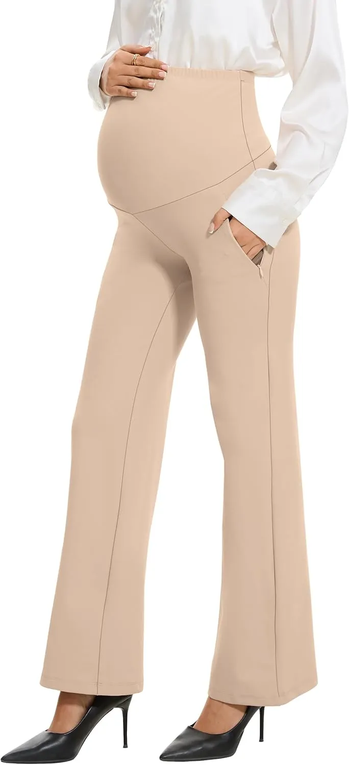 VIMPEP Soft Feeling Wide Leg Maternity Yoga Pants Over The Belly Pregnancy Dress Pants Petite/Regular with Pockets 305