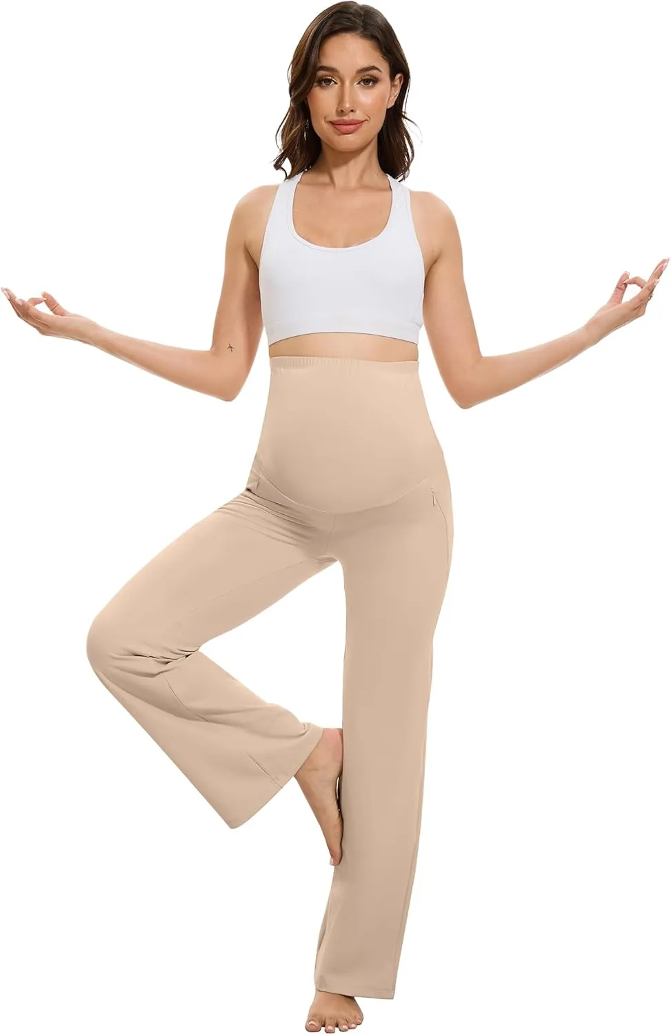 VIMPEP Soft Feeling Wide Leg Maternity Yoga Pants Over The Belly Pregnancy Dress Pants Petite/Regular with Pockets 305