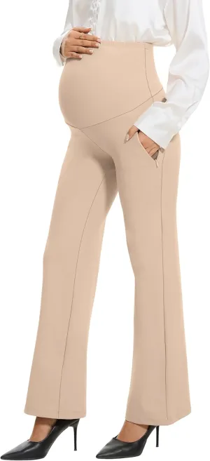 VIMPEP Soft Feeling Wide Leg Maternity Yoga Pants Over The Belly Pregnancy Dress Pants Petite/Regular with Pockets 305