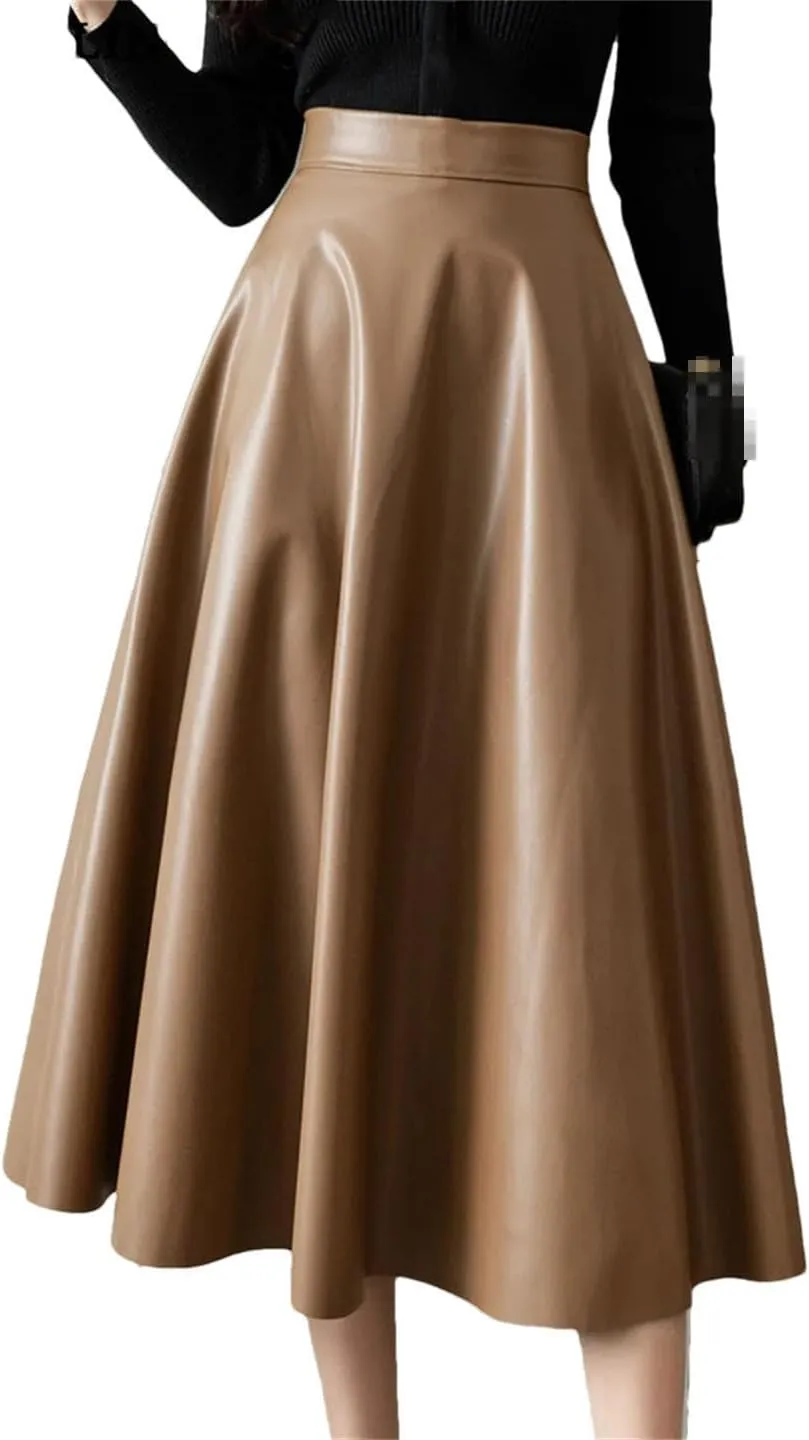 Vogrtcc Women Hihg Waist A-Line Leather Skirts Back Zipper PU Skirts Streetwear Midi Length Pleated Skirt