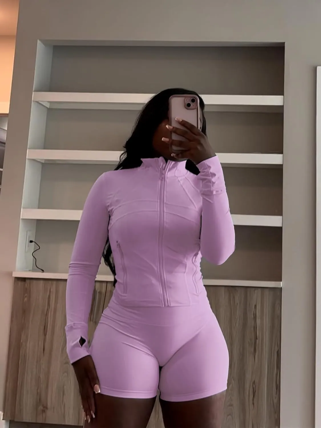 Vssjavun Women 2 Piece Outfits Sweatsuit Sets Long Sleeve Full Zip Workout Jacket Bodycon Shorts Set Tracksuit Loungewear