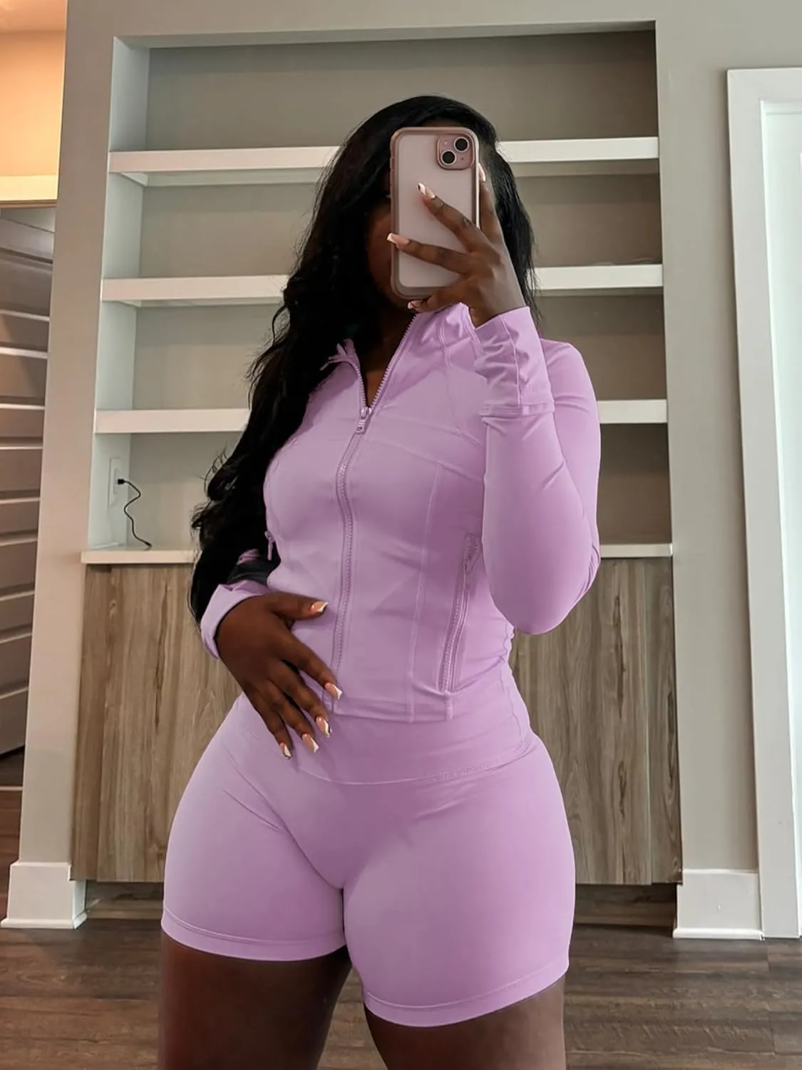 Vssjavun Women 2 Piece Outfits Sweatsuit Sets Long Sleeve Full Zip Workout Jacket Bodycon Shorts Set Tracksuit Loungewear