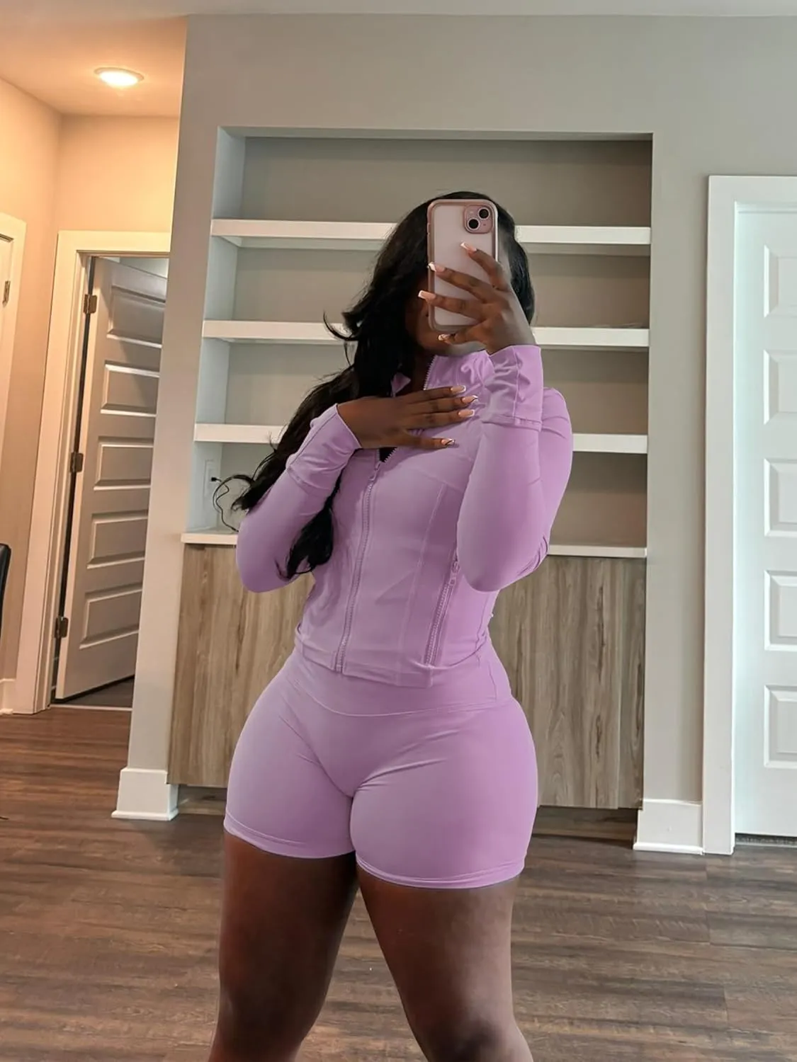 Vssjavun Women 2 Piece Outfits Sweatsuit Sets Long Sleeve Full Zip Workout Jacket Bodycon Shorts Set Tracksuit Loungewear