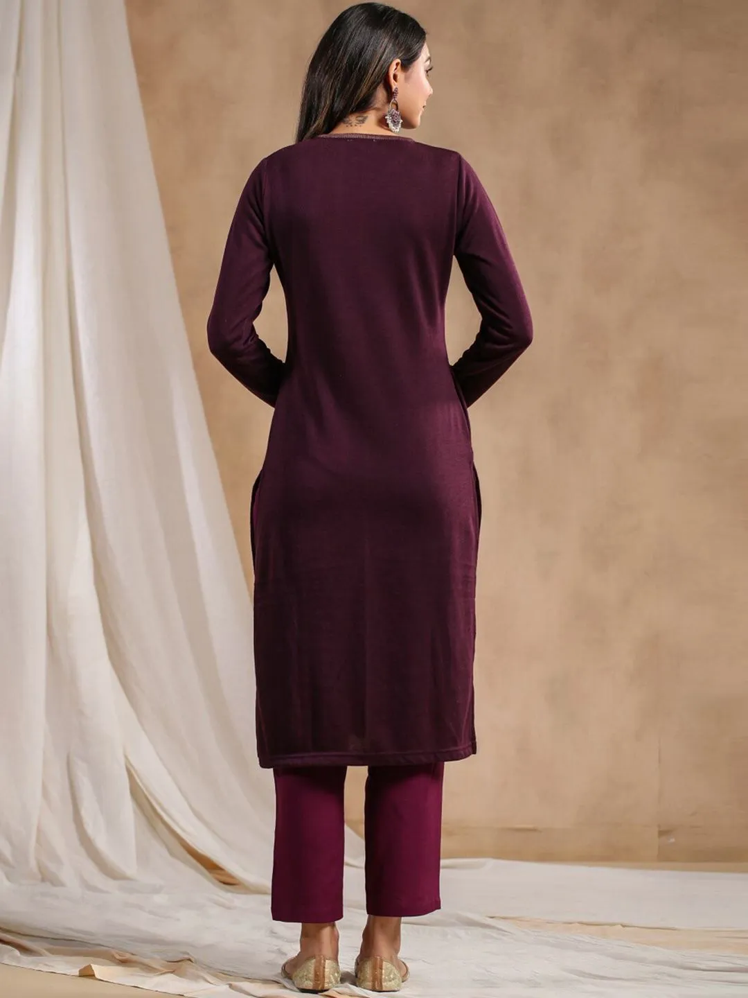 Warm Mauve Acrylic Straight Kurta Set with Ethnic Motifs and Jacquard Knit