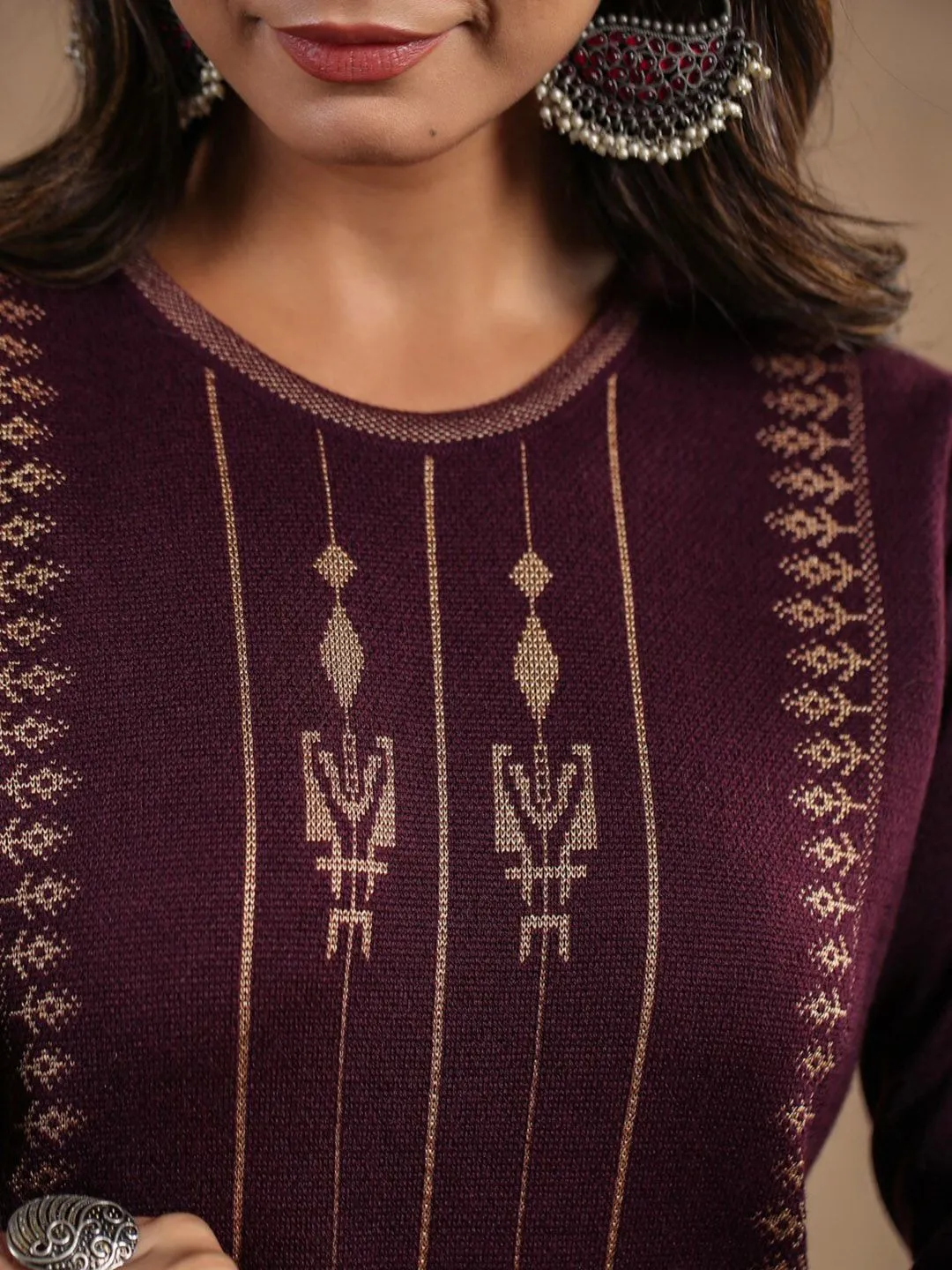 Warm Mauve Acrylic Straight Kurta Set with Ethnic Motifs and Jacquard Knit