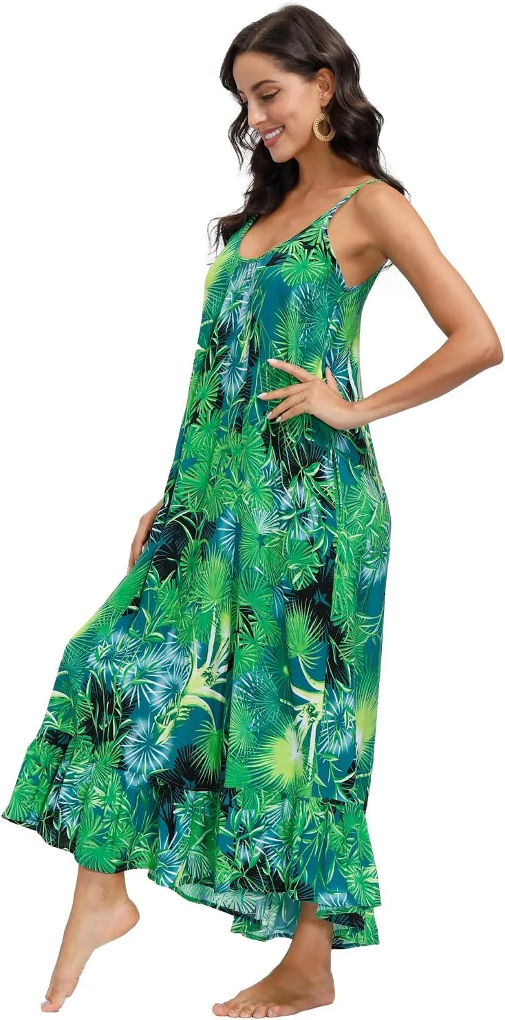 wexcen Women's V-Neck Floral Print Spaghetti Strap Boho Beach Long Maxi Summer Casual Dress with Pockets