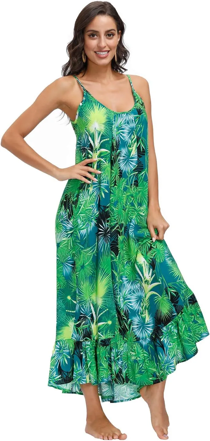 wexcen Women's V-Neck Floral Print Spaghetti Strap Boho Beach Long Maxi Summer Casual Dress with Pockets