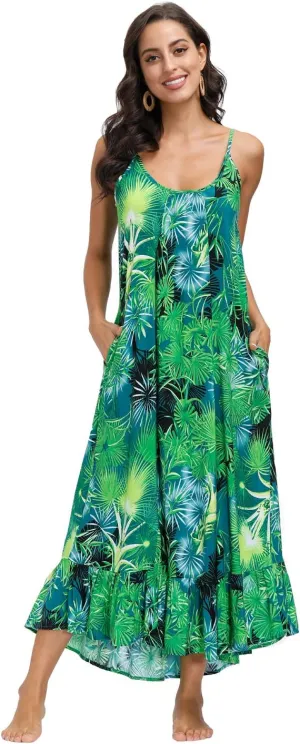 wexcen Women's V-Neck Floral Print Spaghetti Strap Boho Beach Long Maxi Summer Casual Dress with Pockets