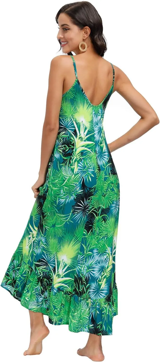 wexcen Women's V-Neck Floral Print Spaghetti Strap Boho Beach Long Maxi Summer Casual Dress with Pockets
