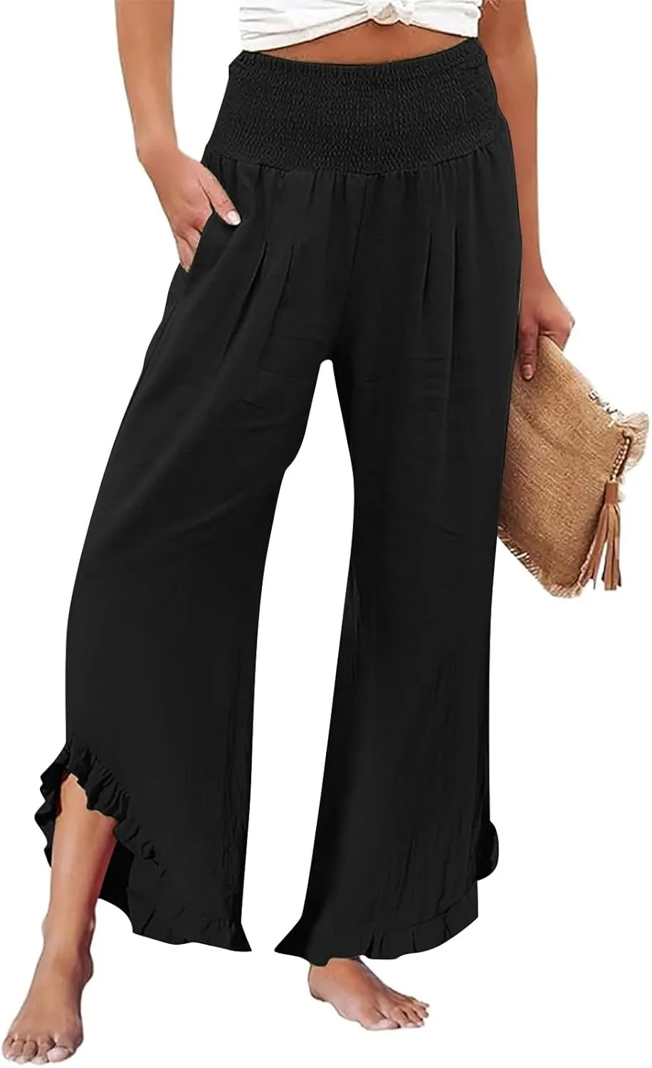 Wide Leg Linen Pants for Women Casual High Waisted Palazzo Pant Lightweight Summer Flowy Beach Pants with Pockets