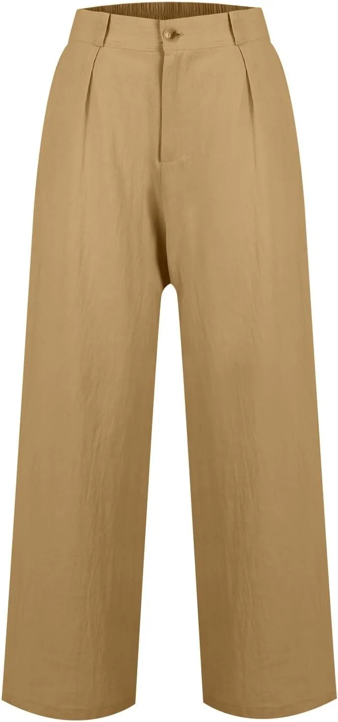 Wide Leg Linen Pants Women Summer Button Elastic High Waisted Work Pants Business Casual Comfy Straight Trouser Pants