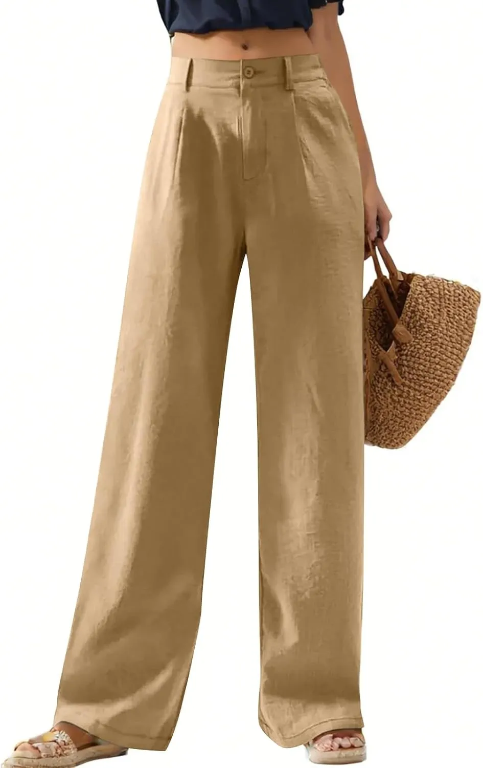 Wide Leg Linen Pants Women Summer Button Elastic High Waisted Work Pants Business Casual Comfy Straight Trouser Pants