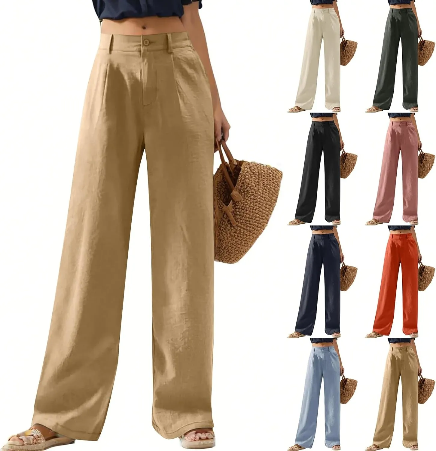 Wide Leg Linen Pants Women Summer Button Elastic High Waisted Work Pants Business Casual Comfy Straight Trouser Pants