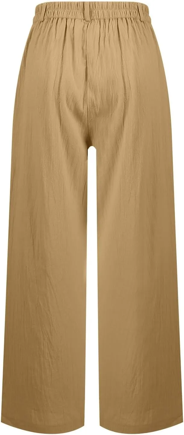 Wide Leg Linen Pants Women Summer Button Elastic High Waisted Work Pants Business Casual Comfy Straight Trouser Pants