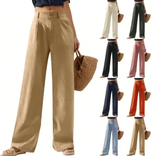 Wide Leg Linen Pants Women Summer Button Elastic High Waisted Work Pants Business Casual Comfy Straight Trouser Pants