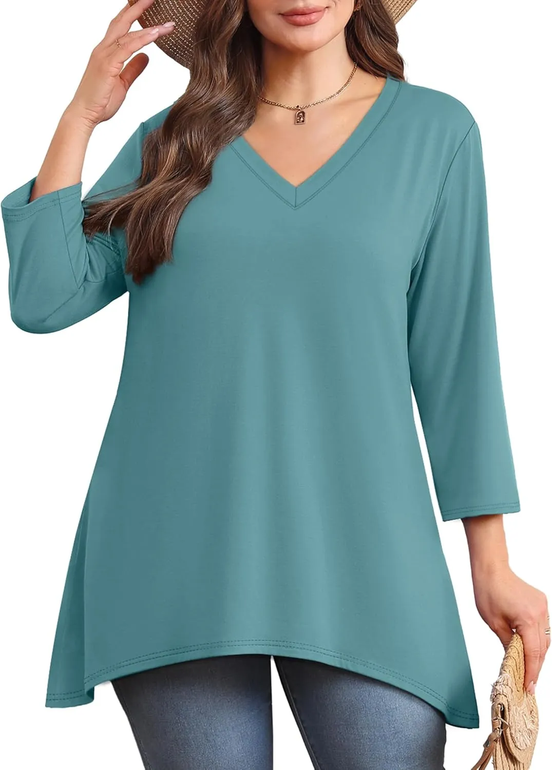 WIHOLL 3/4 Sleeve Tunic Tops for Women Loose Fit Dressy Casual Blouses V Neck T Shirts with Asymmetrical Hem S-3XL
