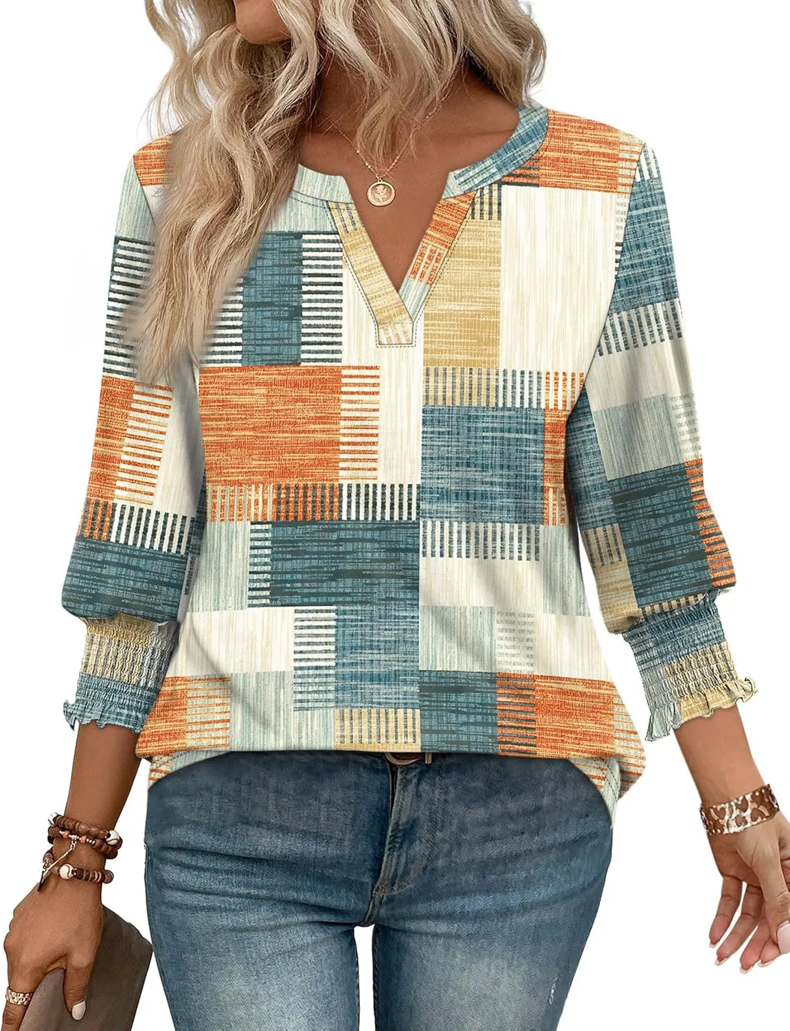 WIHOLL Blouses for Women Dressy Casual 3/4 Length Sleeve Womens Tops Trendy Summer Spring Shirts S-3XL