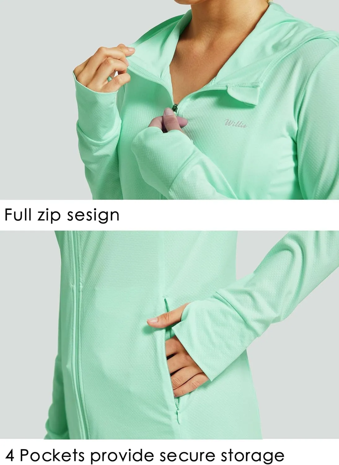 Willit Women's UPF 50  Sun Protection Shirts UV Long Sleeve Zip Hoodies SPF Lightweight Jacket Hiking Outdoor with Pockets