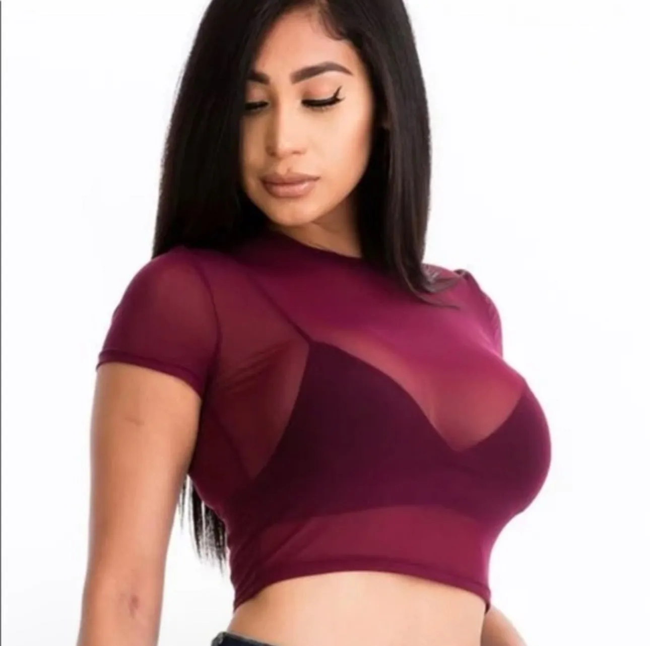 Win My Heart Sheer Mesh Short Sleeve Burgundy Crop Top
