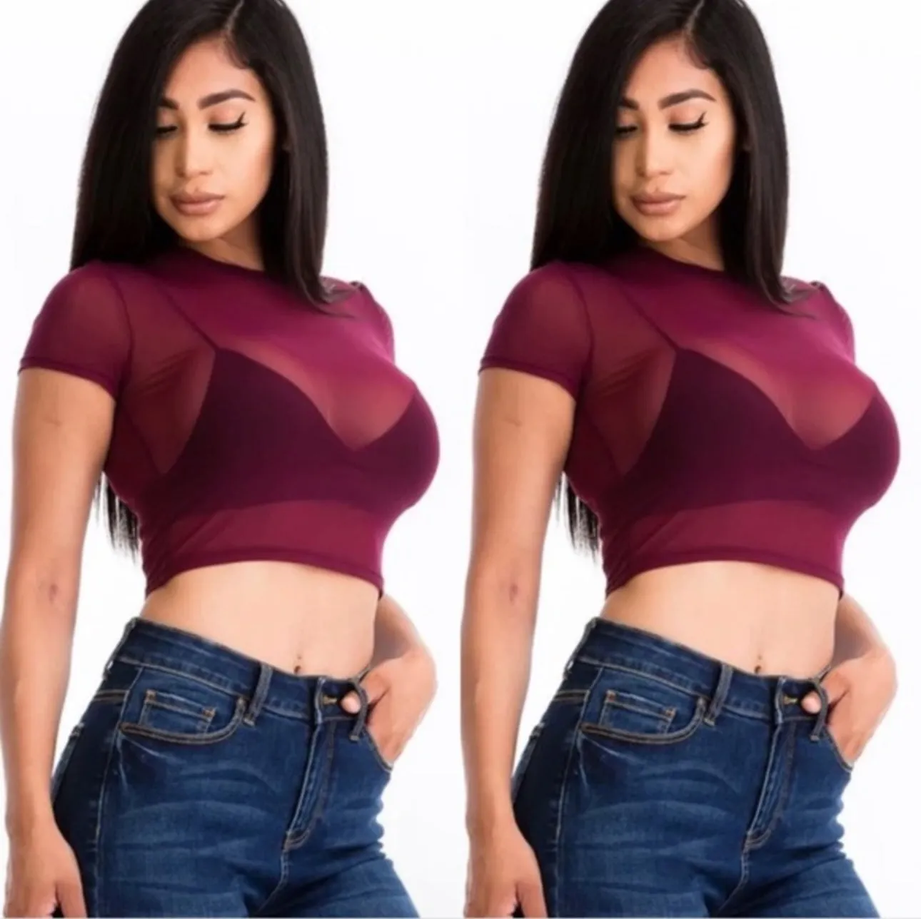 Win My Heart Sheer Mesh Short Sleeve Burgundy Crop Top