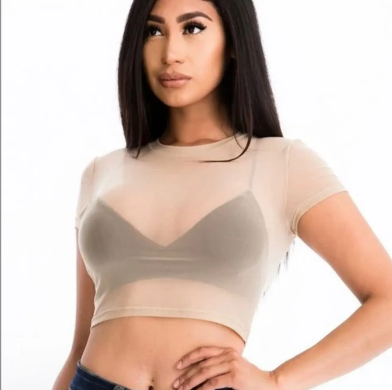 Win My Heart Sheer Mesh Short Sleeve Khaki Crop Top