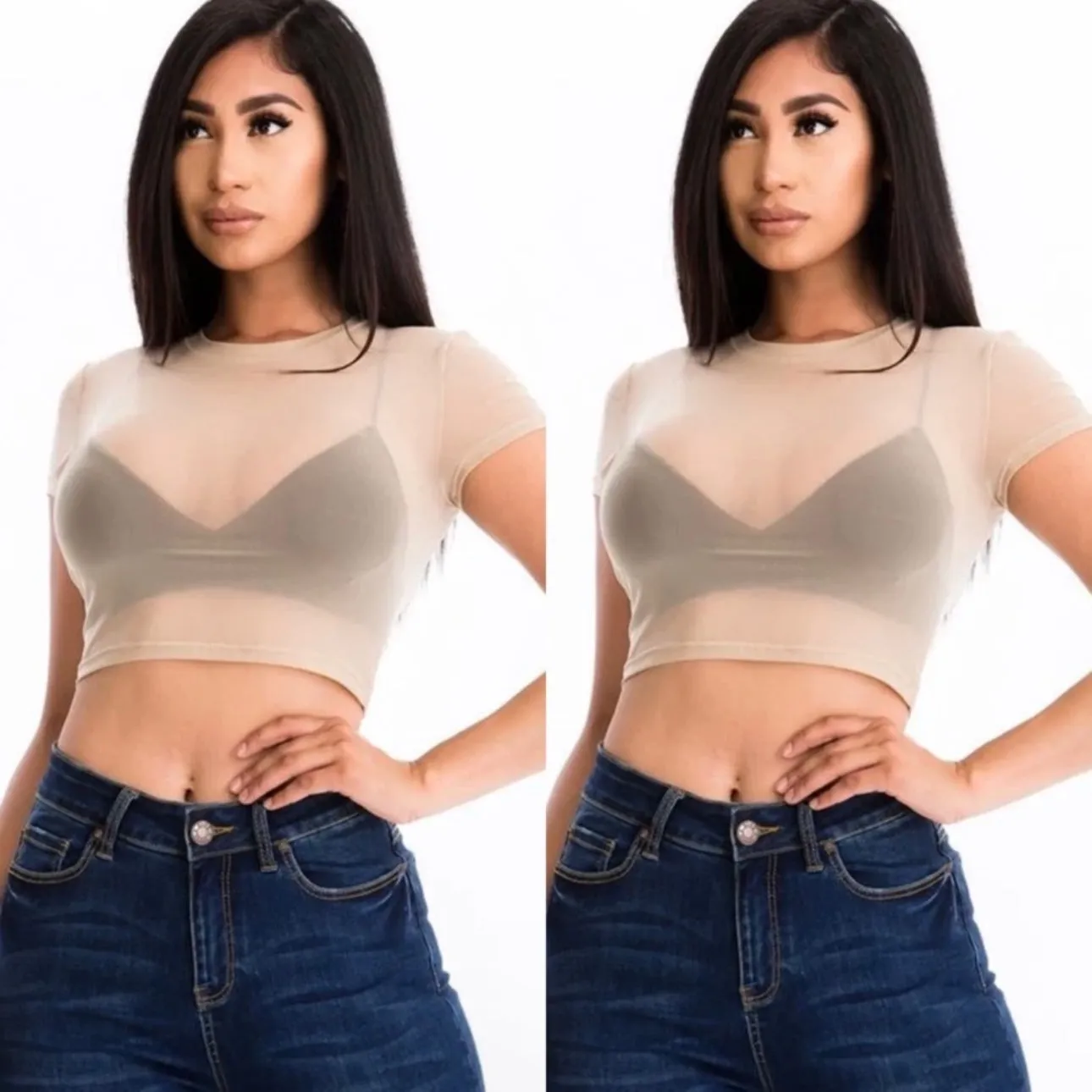 Win My Heart Sheer Mesh Short Sleeve Khaki Crop Top